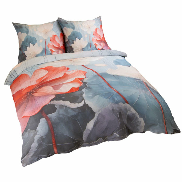 Pościel satynowa 220x200 Kwiaty niebieska czerwona SATYNLOVE PREMIUM 763071