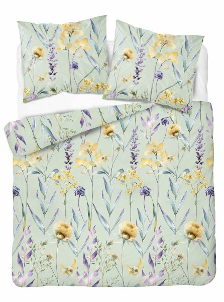 Pościel satynowa 220x200 miętowa w pastelowe kwiaty - Botanica Satin 1065778