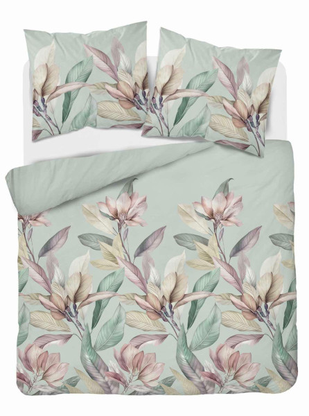 Pościel satynowa 220x200 szałwiowa kwiaty i liście – 5539 B – Home Elegance 963787