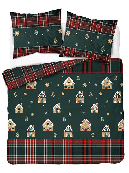 Pościel świąteczna 220x200 ciemnozielona domki – 5816 B – Christmas Comfort 1027326