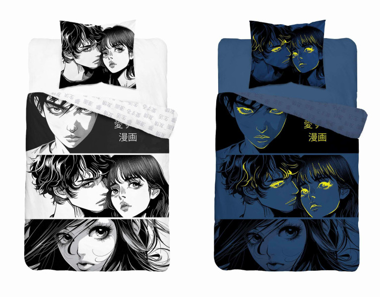 Pościel świecąca w ciemności 160x200 Anime Boy Girl czarna Fluo 1019909