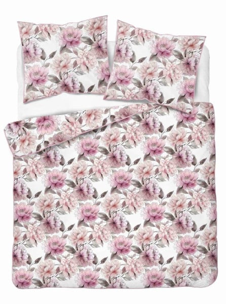 Pościel z perkalu 160x200 biała w różowe kwiaty - 5894 A - Soft Garden 1065743