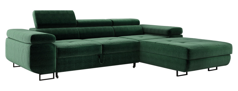 Prawostronna sofa narożna z pojemnikiem ADRIANO zagłówki butelkowa zieleń 519757