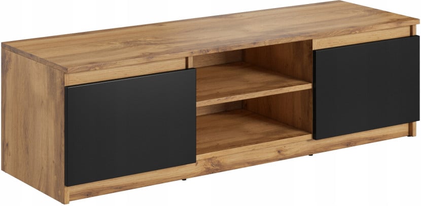 Prosta szafka RTV 120 cm do salonu, 2 szafki i półki wotan/czarny mat z LED 804924