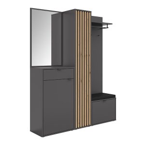 Przedpokój Phil 156 cm z komodą regałem lustrem wieszakiem i siedziskiem dąb artisan/antracyt 961624 Przedpokój Phil 156 cm z komodą regałem lustrem wieszakiem i siedziskiem dąb artisan/antracyt 961624